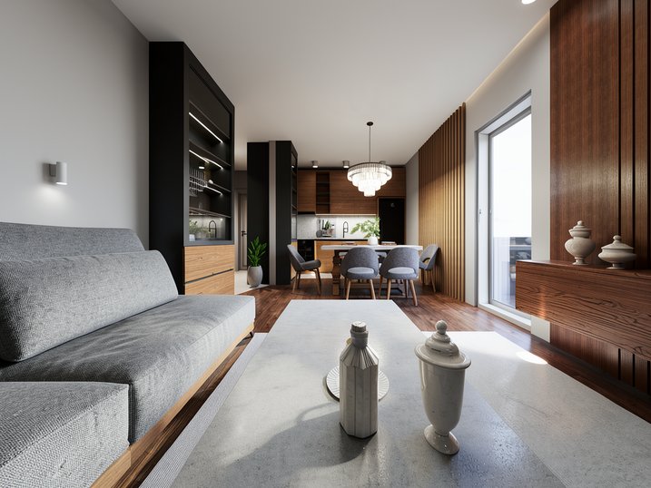 3D vizuelizacija enterijera — otvorena kuhinja sa trpezarijom i dnevnim boravkom (M Home Design)